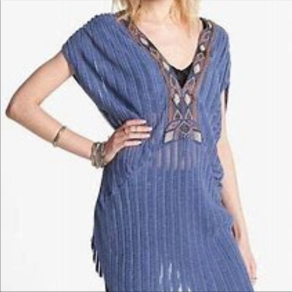 Free People Herringbone Gauze Beaded Tribal Tunic Top